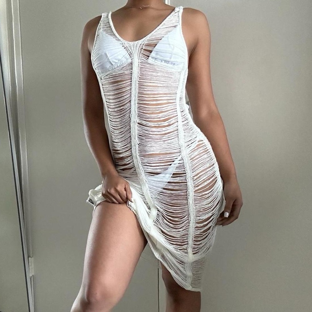Crochet sheer white cover up dress